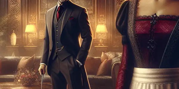 A seductive maid and her affluent employer share a tense moment in a luxurious, dimly lit mansion.