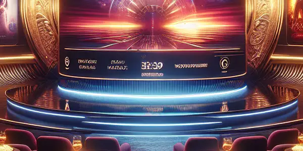 A futuristic virtual cinema with vibrant thumbnails, plush seating, and an intimate atmosphere for adult film enthusiasts.