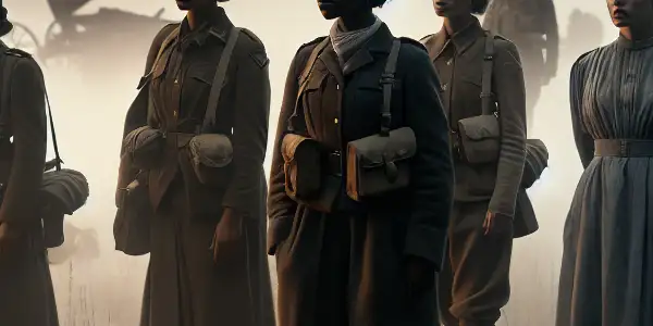 A group of female soldiers in vintage attire share a moment of camaraderie at a misty WWII battlefield at dawn.