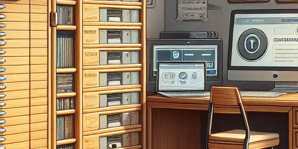 A cozy, secure room featuring organized storage solutions for adult films and encryption tools, emphasizing privacy and safety.