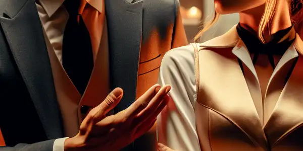 A charming young man and a stylish female flight attendant share an intimate moment in a cozy, modern apartment.