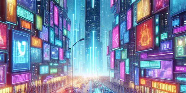 A vibrant, futuristic cityscape featuring diverse creators engaged in adult content sharing amidst neon lights and holographic interfaces.