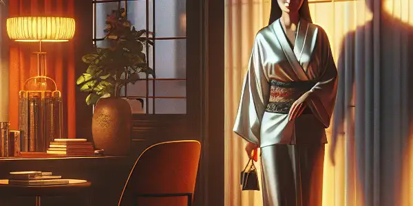 A mature woman in a stylish Japanese living room is observed through a window, creating an atmosphere of intrigue.