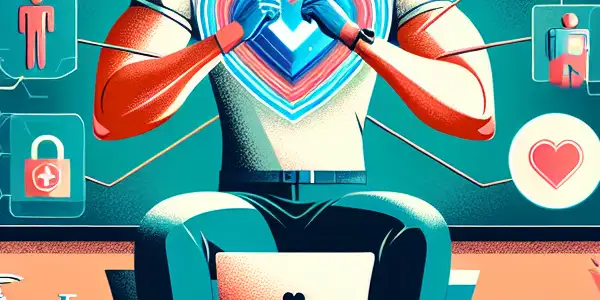 A cozy living room scene with a person watching safety-themed visuals, surrounded by hygiene items and digital security elements.