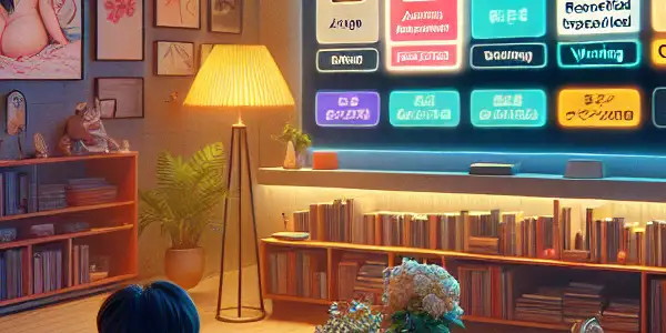 A young adult browses a streaming platform in a cozy living room, exploring safety labels for Japanese adult films.