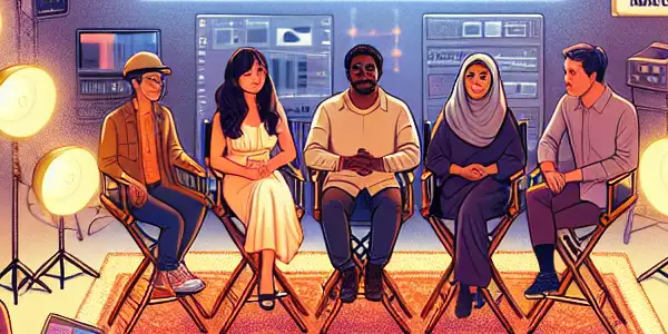 A diverse group of filmmakers and actors discussing safe practices in a modern adult film studio.