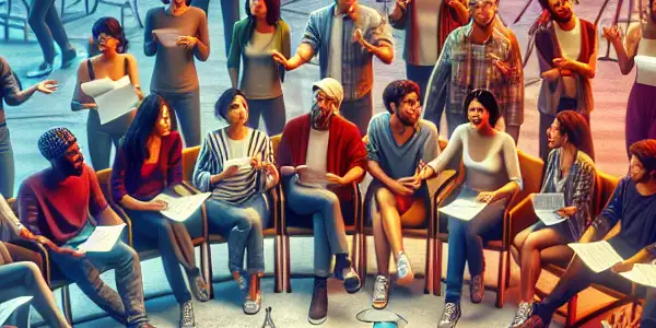 A diverse group of creators collaborating on a film set, discussing responsible content creation in the adult film industry.