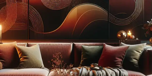 A cozy, romantic living space featuring plush furniture, warm lighting, and modern decor with abstract art.