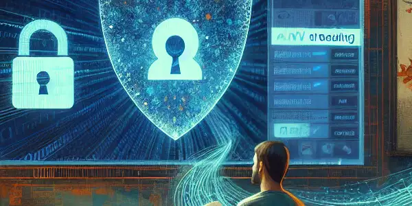 A cozy living room with a person watching abstract visuals on a TV, surrounded by privacy-focused tech and plants.