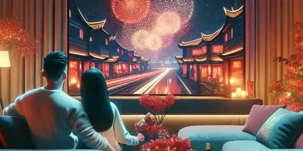 A cozy living room celebrating Chinese New Year, featuring festive decorations, a couple watching a movie, and warm lighting.