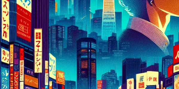 A couple shares an intimate moment in vibrant, neon-lit Tokyo, featuring iconic landmarks at night.