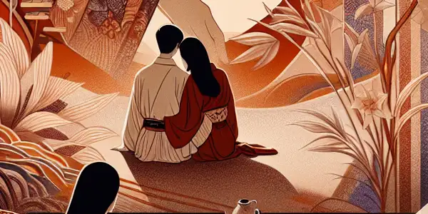 A cozy, dimly lit room with a vintage projector, intertwined hands, and a rose, evoking intimacy and nostalgia.