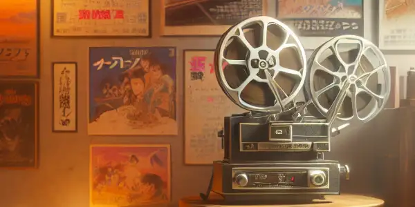 A nostalgic scene featuring vintage movie posters, a classic projector, and retro Japanese pop culture elements from the 1980s.