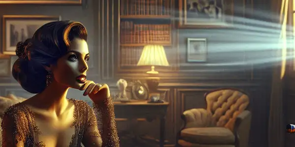 A woman lounges in a cozy living room, captivated by a vintage film projector's flickering images.