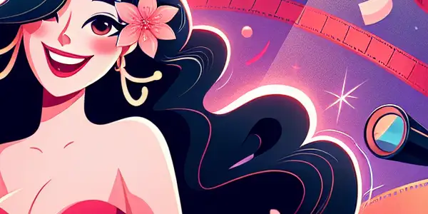 A vibrant movie poster featuring a confident, curvy female character amidst a dynamic film set with Japanese cultural elements.