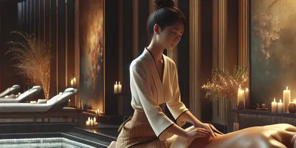 Luxurious adult spa scene with a professional masseuse, relaxed client, ambient lighting, and serene atmosphere.