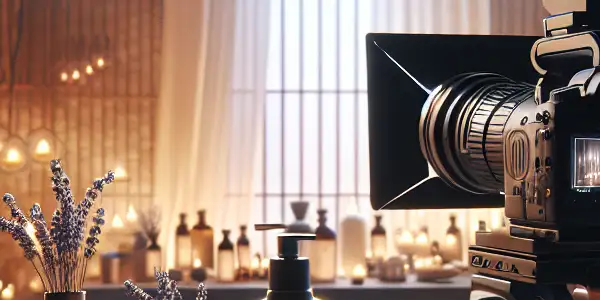 An intimate Japanese adult film set featuring elegantly arranged lubricant bottles in a softly lit, inviting studio environment.