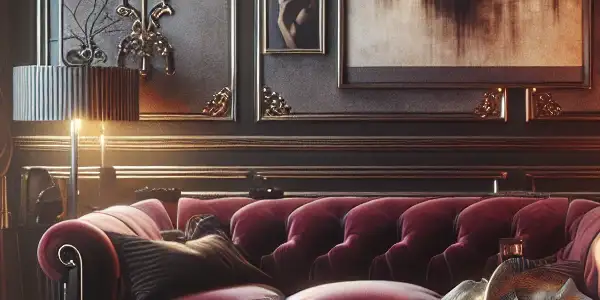 A luxurious, intimate room featuring a plush sofa, vintage television, and romantic ambiance with soft lighting.