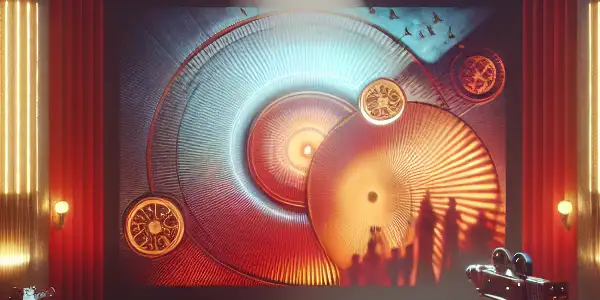 A vintage cinema setting with plush red seats, a large screen, and silhouettes of an engaged audience.