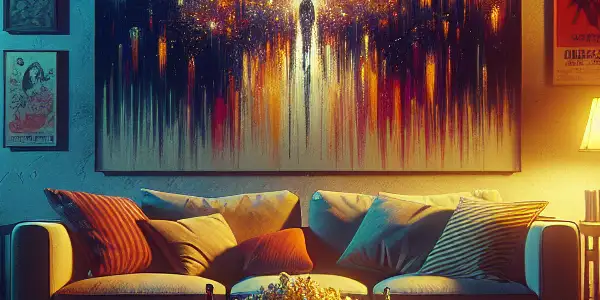 Cozy living room with a large screen, popcorn, and film posters, evoking a late-night movie experience.