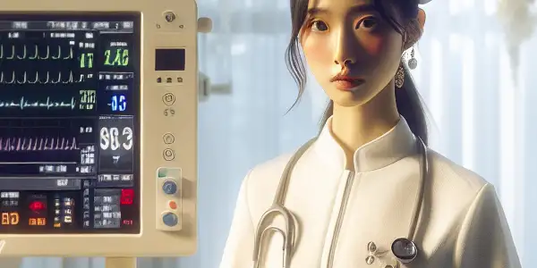 A modern Japanese hospital room featuring a professional nurse with a playful demeanor amidst soft lighting and medical equipment.