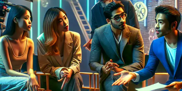 A vibrant film studio scene with a diverse cast and a director discussing innovative plots in adult entertainment.