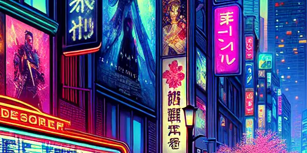 A vibrant, neon-lit Tokyo nightlife scene featuring a modern movie theater showcasing Japanese adult film posters and cherry blossoms.