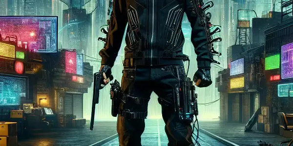 A cold-looking assassin in a high-tech urban environment, surrounded by futuristic skyscrapers and mechanical elements.