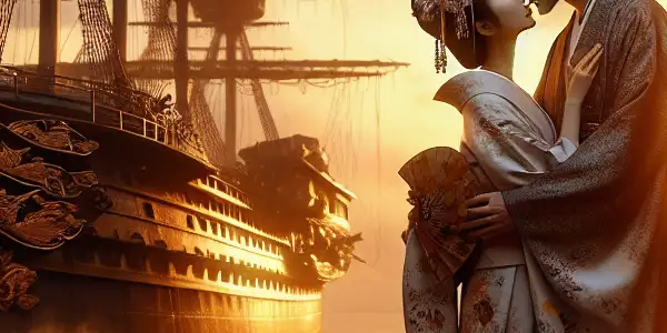 A passionate embrace between a couple in traditional attire, with a historic Japanese ship and cherry blossoms at sunset.