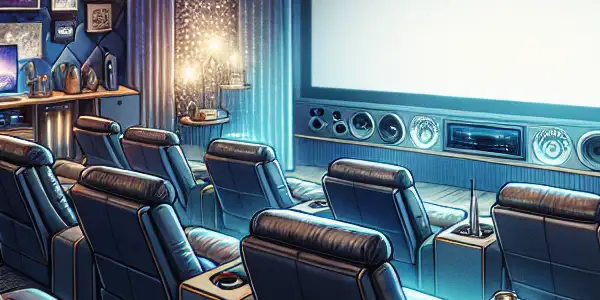 A modern home theater featuring a high-tech projector, cozy recliners, and ambient lighting for immersive movie watching.