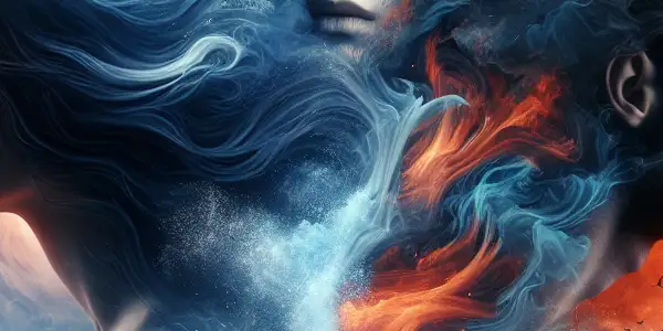 A woman and man embodying innocence and passion, set against contrasting serene ocean and fiery landscapes.