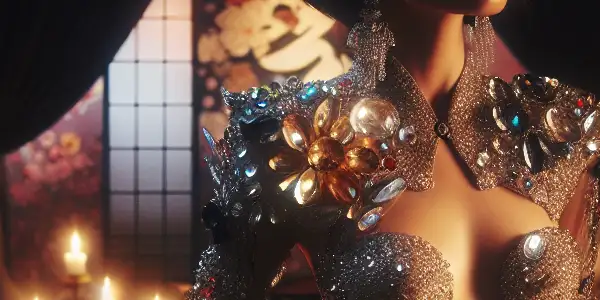 A confident female protagonist in a luxurious, dimly lit room adorned with shimmering crystals and elegant decor.