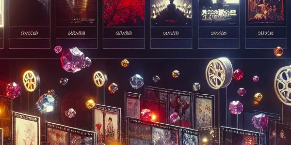 A sleek digital interface showcasing high-definition thumbnails of various adult film genres, set in a moody, cinematic atmosphere.