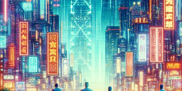 A vibrant, futuristic cityscape at night featuring a diverse lounge with people enjoying animated conversations and holographic screens.